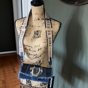 True Religion ❤️ Denim Flap Crossbody Bag with Gold Accents NWT